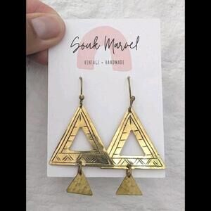 Handmade In Morocco Artisan Hammered Brass Triangle Dangle Earrings Boho Gift